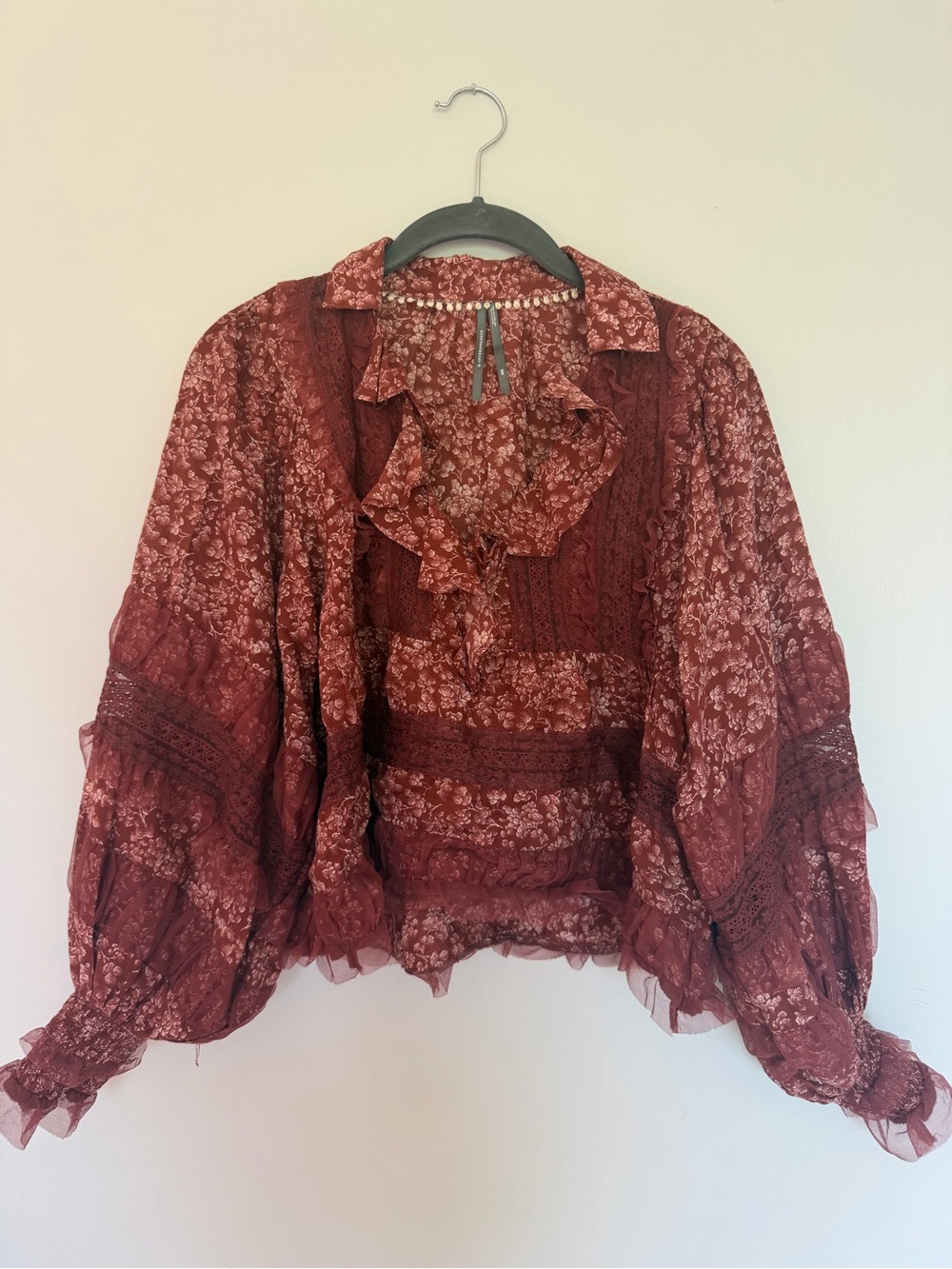 Anthropologie Rust Floral Lace-Trim Ruffle Blouse